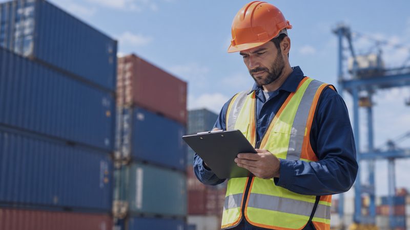 Auditor revisando documentaci&oacute;n en patio de contenedores